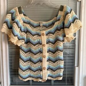 Versona Multicolor Knit Top Chevron Crochet Lghtwt Sweater button accents